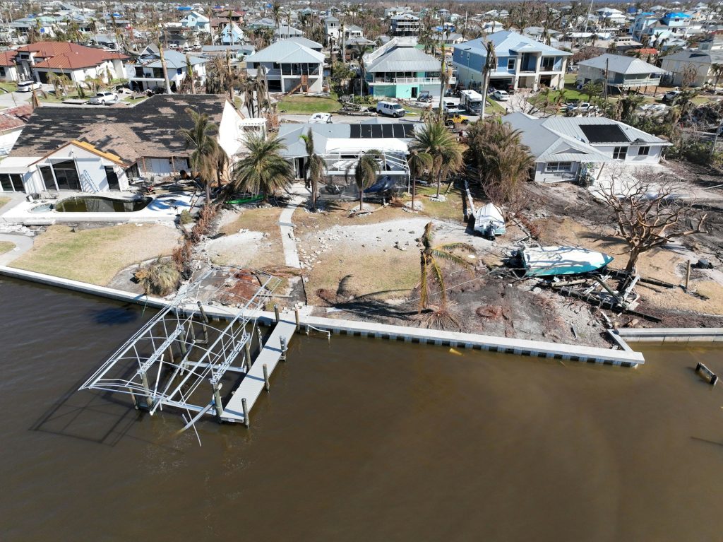 Aerial of the aftermath of the destructive Hurricane Milton in a coastal residential area, Florida